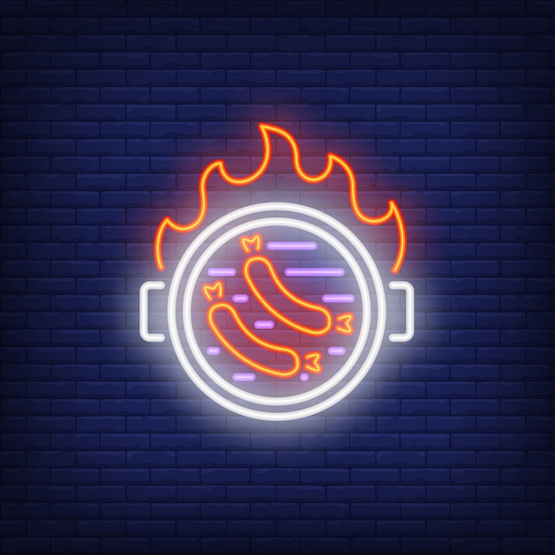 Free Vector sausages on barbeque grill with fire flame neon sign