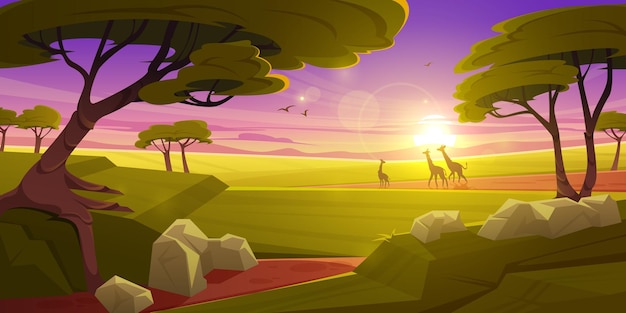 Free Vector savannah with giraffes silhouettes acacia trees and green grass at sunset concept of safari trip vacation travel vector cartoon illustration of african savanna landscape with sun on horizon