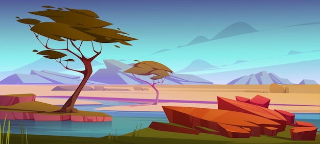 Savannah with river, acacia trees and mountains on horizon. Vector cartoon illustration of african savanna with green grass, water stream and stones. Desert landscape with oasis