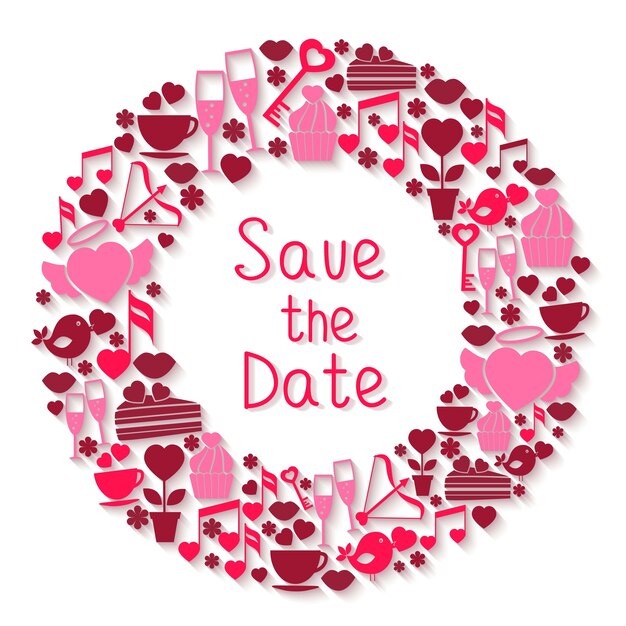 Save the Date circular symbol with romantic icons depicting hearts