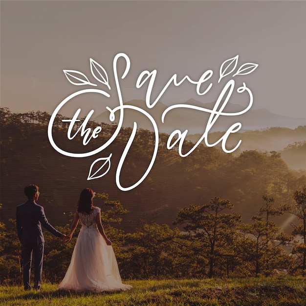 Free Vector save the date lettering with bride and groom