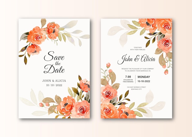 Save the date wedding invitation card with watercolor rose flower