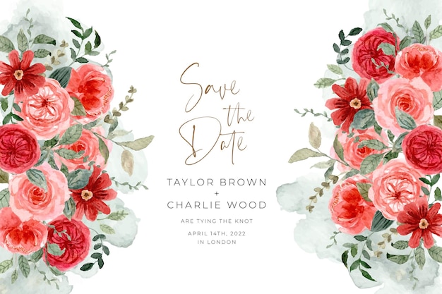 Free Vector save the date with peach red floral watercolor background