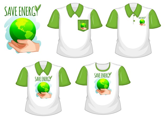 Save energy logo and set of different white shirts with green short sleeves isolated on white