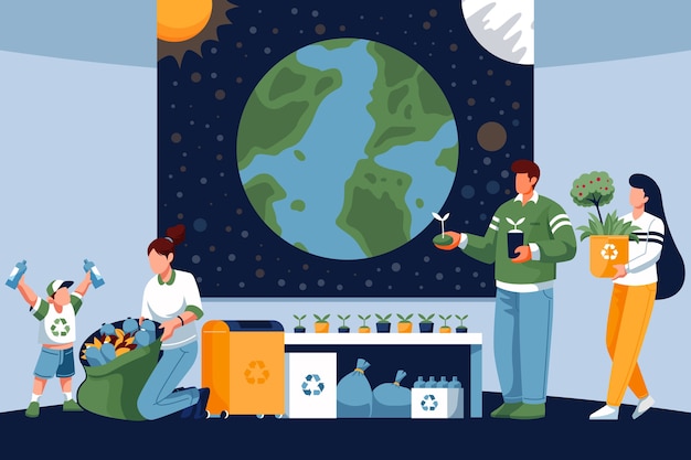 Free Vector save the planet concept with people gathering garbage