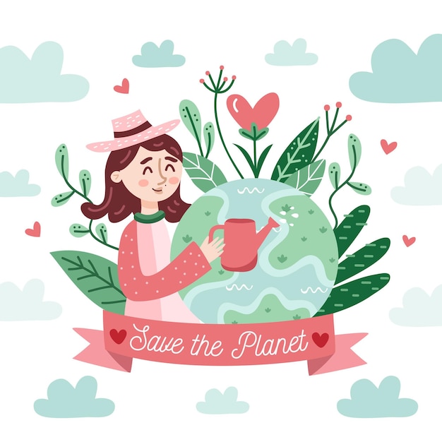 Free Vector save the planet concept with person watering the earth