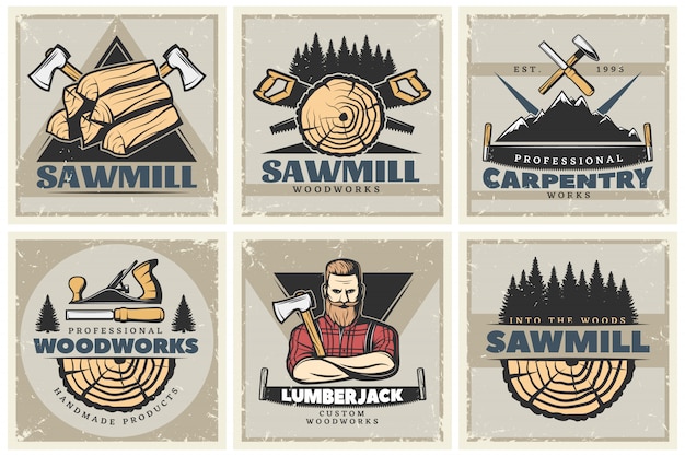 Free Vector sawmill small posters set