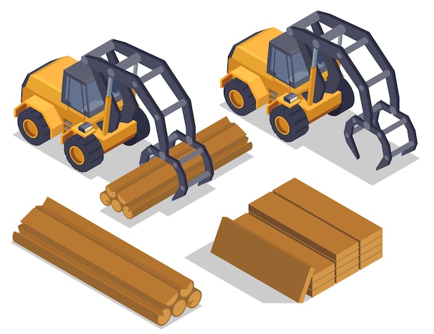 Free Vector sawmill timber mill lumberjack isometric composition with isolated images of industrial loaders manipulator vehicles and wood