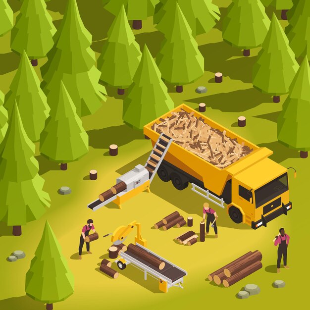 Sawmill and wood working process in forest 3d isometric