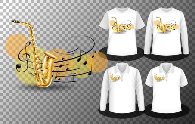 Free Vector saxophone with music notes logo with set of different shirts with logo screen on shirts