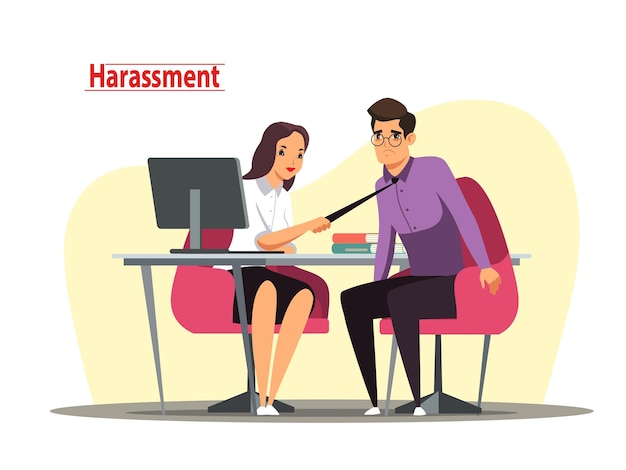 Scandal sexual harassment at office workplace social problem of assault and rape Cartoon female employee touching tie of unhappy attractive male colleague uncomfortable pressure from woman