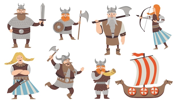 Scandinavian Vikings set. Medieval cartoon character, warriors and soldiers in armors with axes, traditional sailboat. Isolated vector illustration for Norway, culture, history, mythology