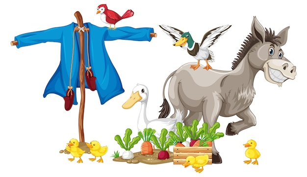 Free vector scarecrow and many animals in garden