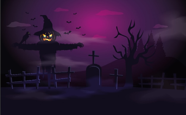 Free Vector scarecrow with tomb in halloween scene