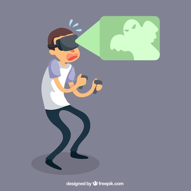 Free vector scared boy with virtual reality glasses