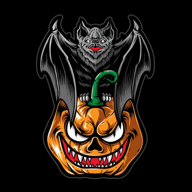 Scary bat with pumpkin halloween vector