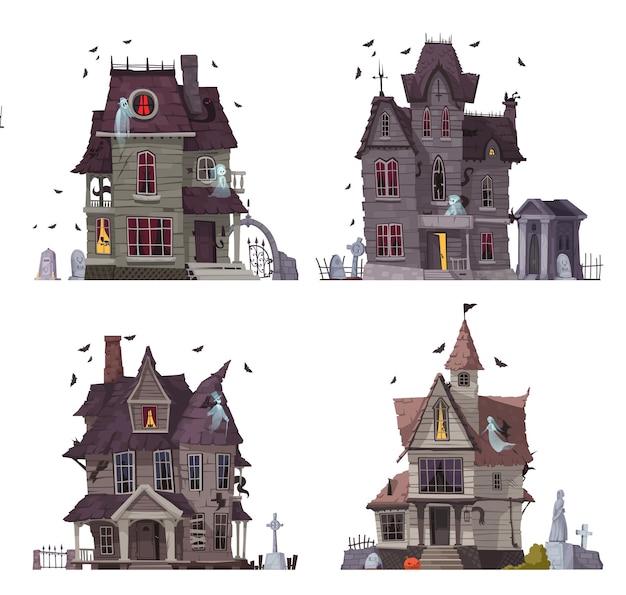 Free Vector scary house cartoon icons set with spooky wooden old style buildings isolated vector illustration