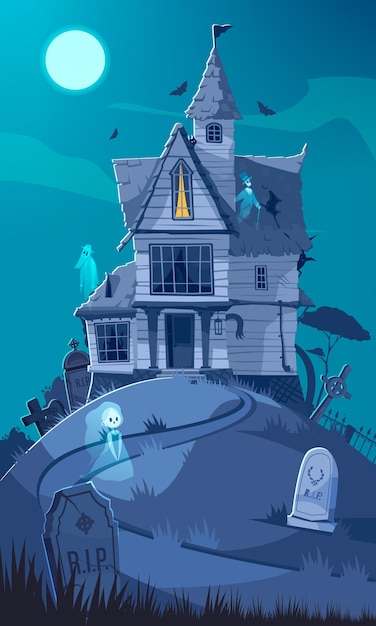 Free Vector scary house cartoon poster with horror building in moonlight vector illustration