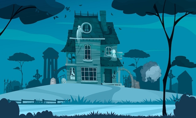 Free Vector scary house cartoon scene with horror building and cemetery on background vector illustration