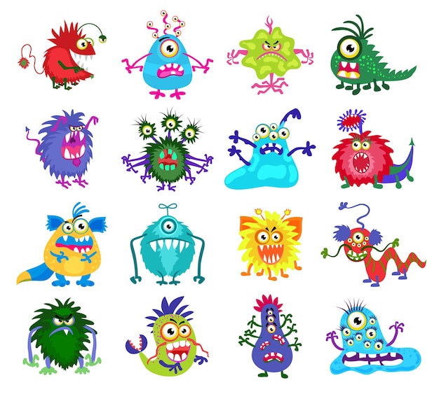 Free Vector scary monster. set of colored monsters with teeth and eyes, illustration of funny monsters