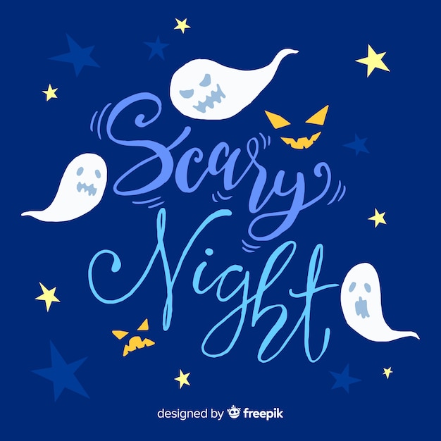 Free vector scary night of halloween lettering background with ghosts