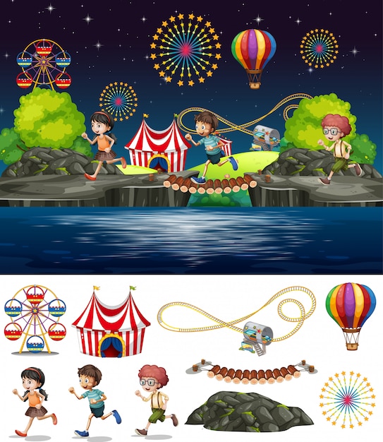 Free Vector scene background design with people playing in circus