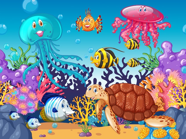 scene background with sea animals under the ocean