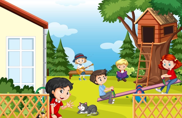 Scene of backyard with kids and fence