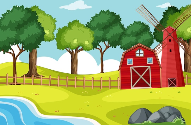 Scene of barn and windmill with many trees