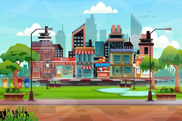 Scene of beautiful cityscape with hight building, shop and street with park