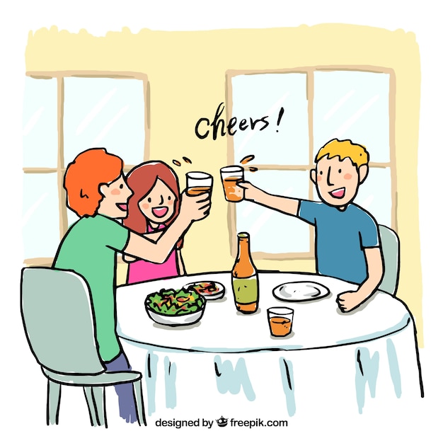 Scene of friends toasting in a restaurant