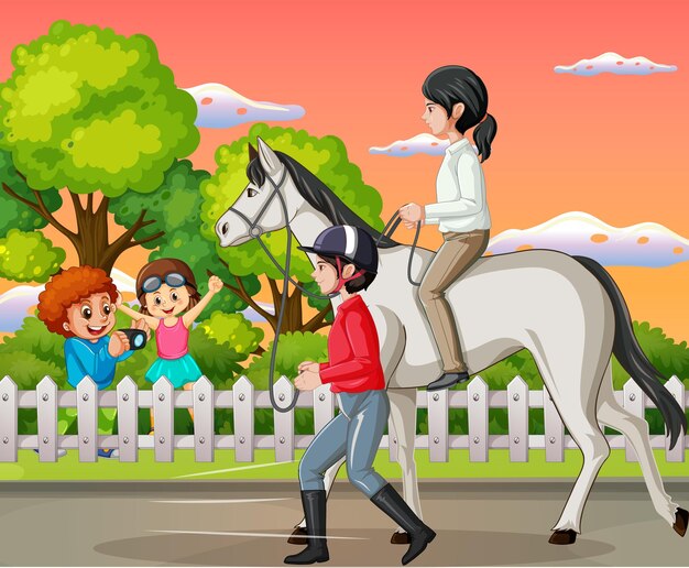 A scene of girl riding on a horse at racecourse