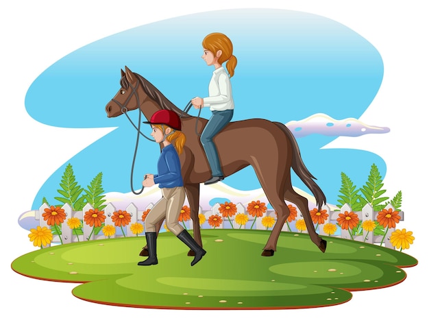 Free Vector a scene of girl riding on a horse with hostler