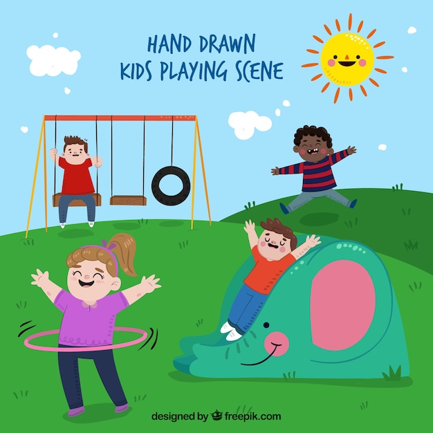 Free Vector scene of hand-drawn children playing in a playground