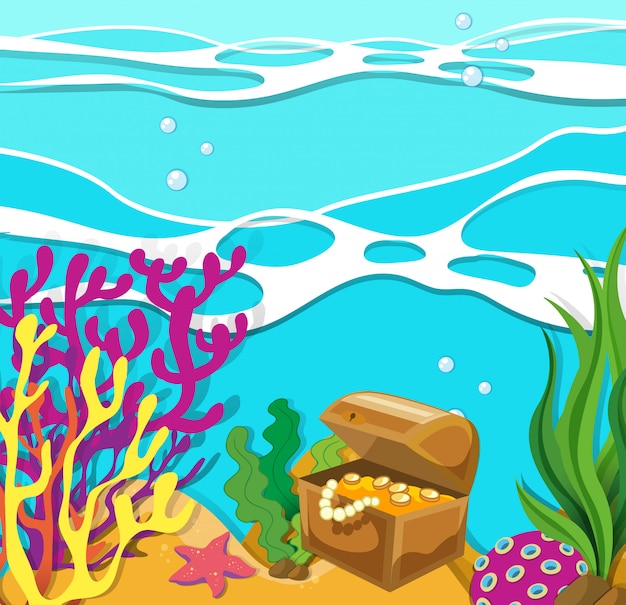 Free vector scene under the ocean with treassure chest