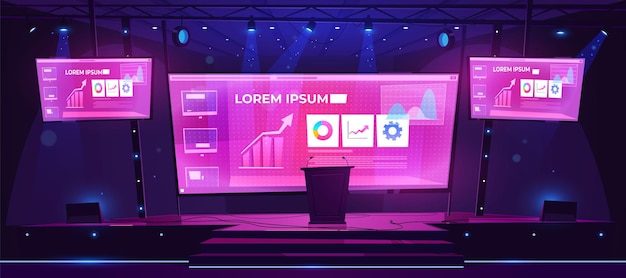 Free vector scene for presentation, conference hall, empty stage interior with huge screen presenting business infographics