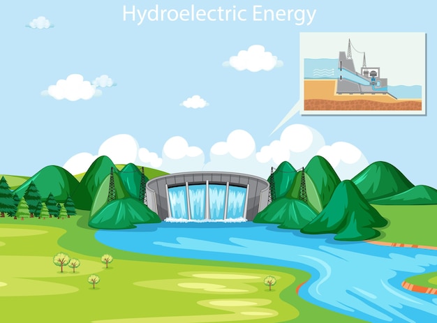 Free Vector scene showing hydroelectric energy with dam