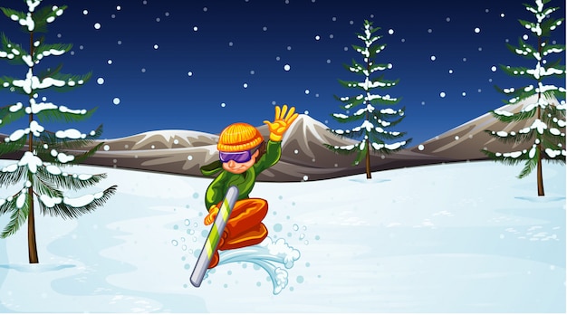 Free Vector scene with athlete snowboarding in the field