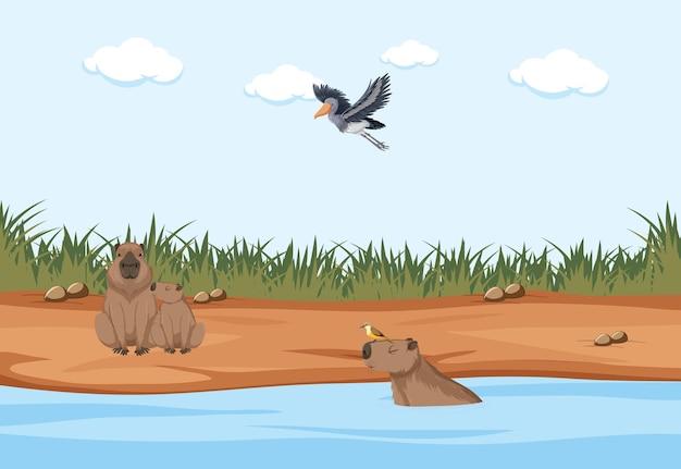 Scene with bird and wombats in water