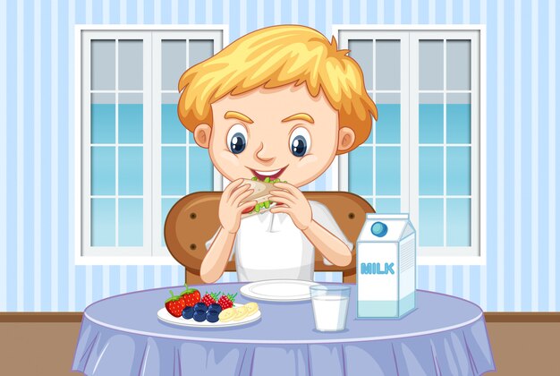 Scene with boy eating healthy breakfast at home