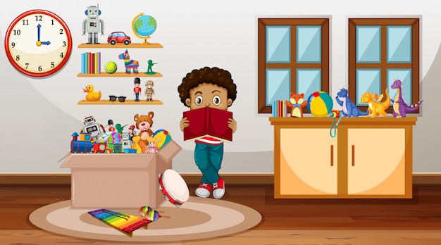 Free Vector scene with boy reading book in the room