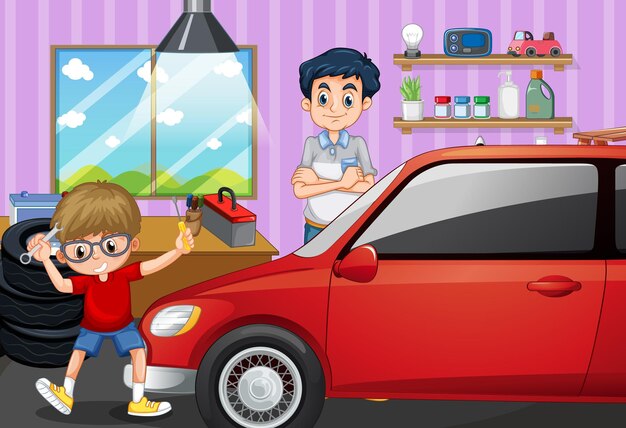 Scene with a boy repairing car with his dad