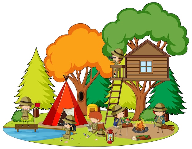 Free Vector scene with boyscouts camping in the park