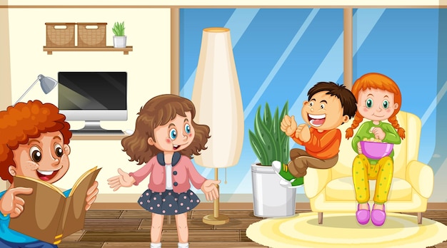 Free Vector scene with children cartoon character in the room