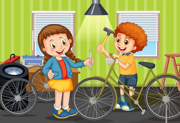 Scene with children repairing bicycle together