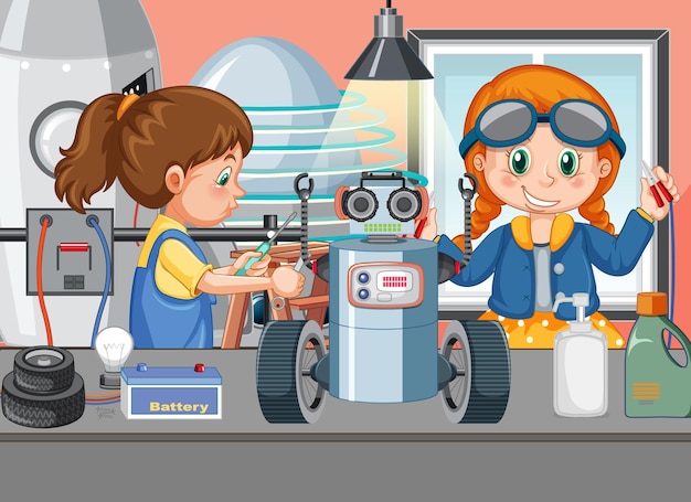 Scene with children repairing robot together