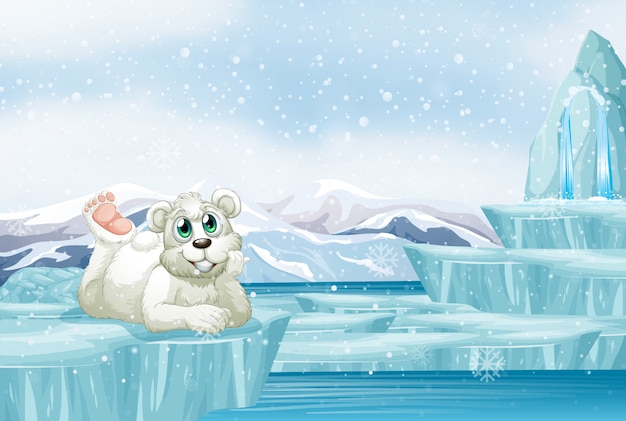 Free vector scene with cute polar bear on ice