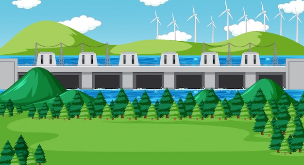 Free Vector scene with dam and wind turbines on the hills