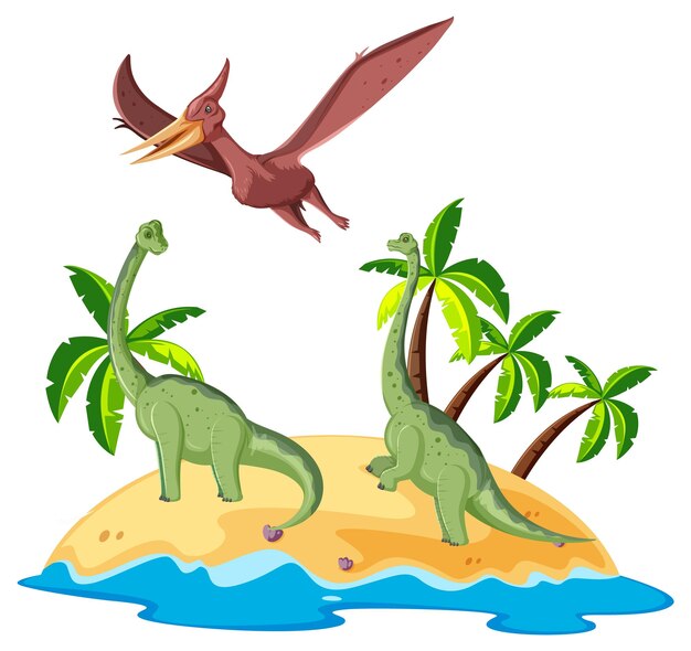 Scene with dinosaurs brachiosaurus and pteranodon on island