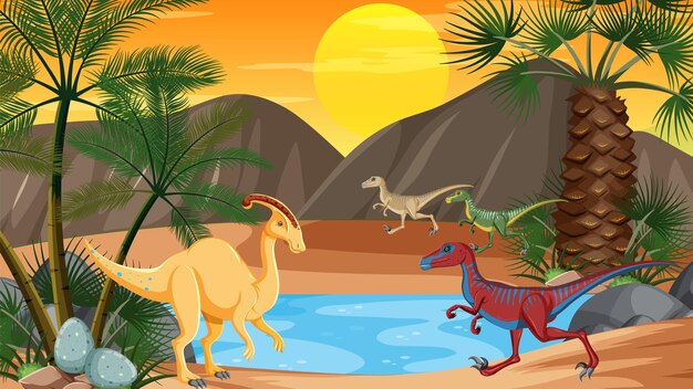 Scene with dinosaurs by the river